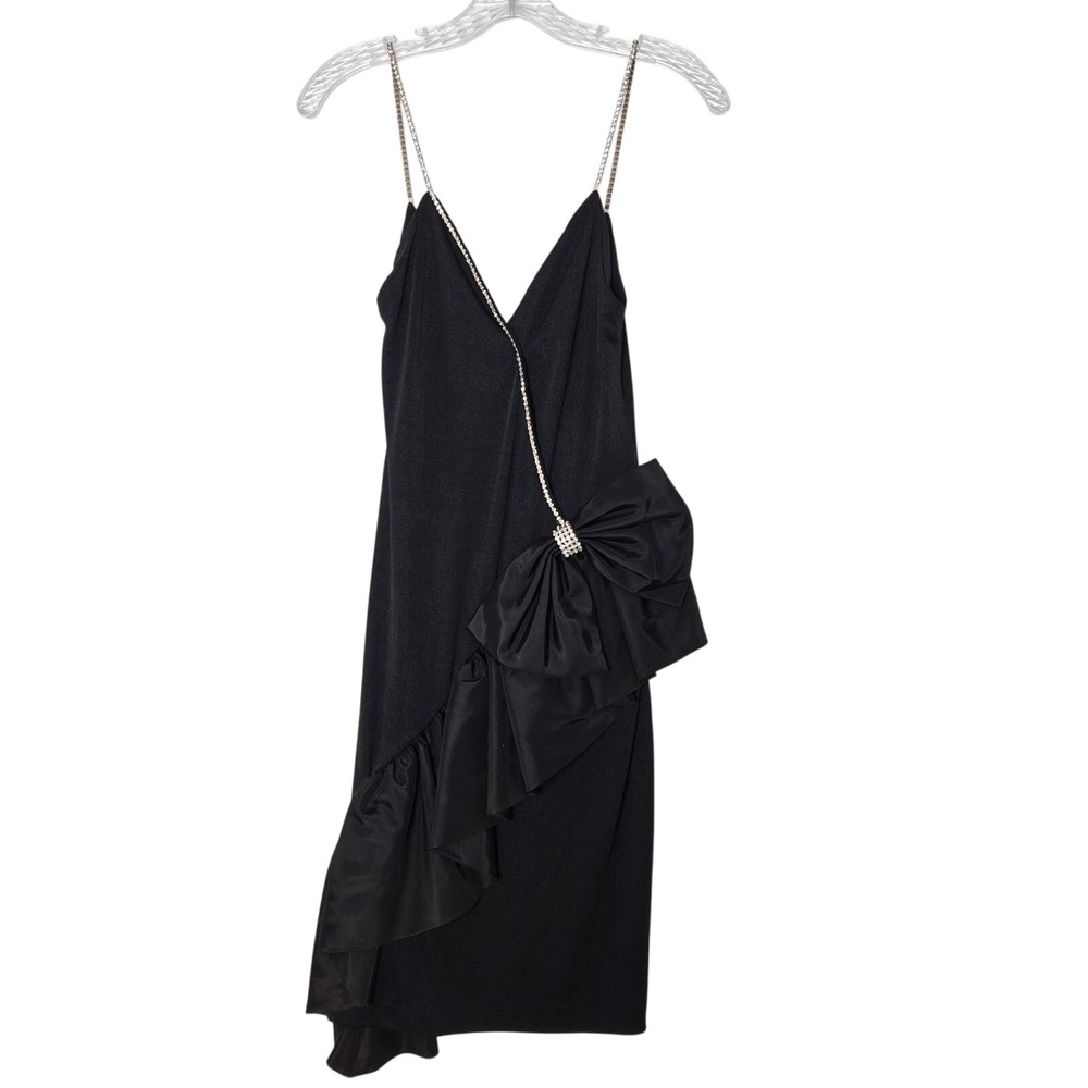 Vtg 80s Karen Okada‎ Climax Black Rhinestone Strap Bow Detail Ruffle Dress Prom